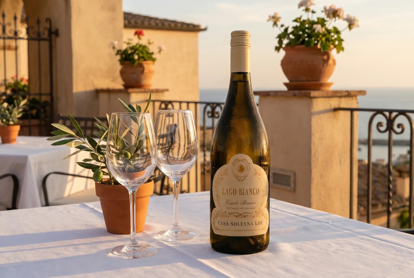 Lago Bianco gekühlt auf einer mediterranen Restaurant- oder Hotelterrasse serviert