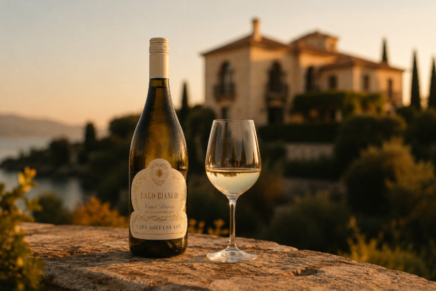 Flasche Lago Bianco mit einem Glas Weißwein auf einer Steinmauer, im Hintergrund ein Lago und eine mediterrane Villa im warmen Abendlicht