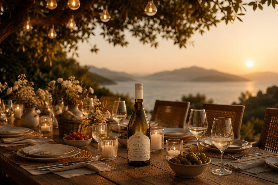 Gedeckter Tisch mit Lago Bianco unter Bäumen – Gastronomie-Ambiente